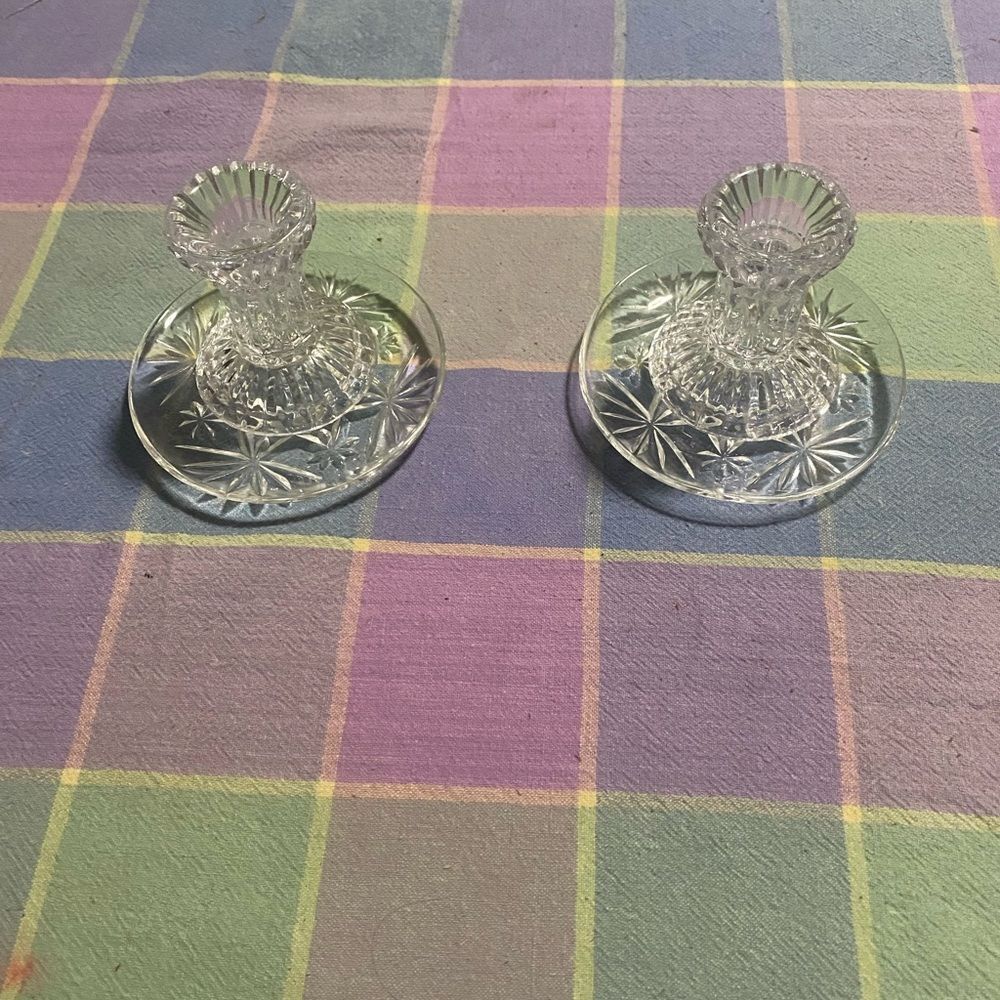 Elegant Crystal Candle Holders and saucers.